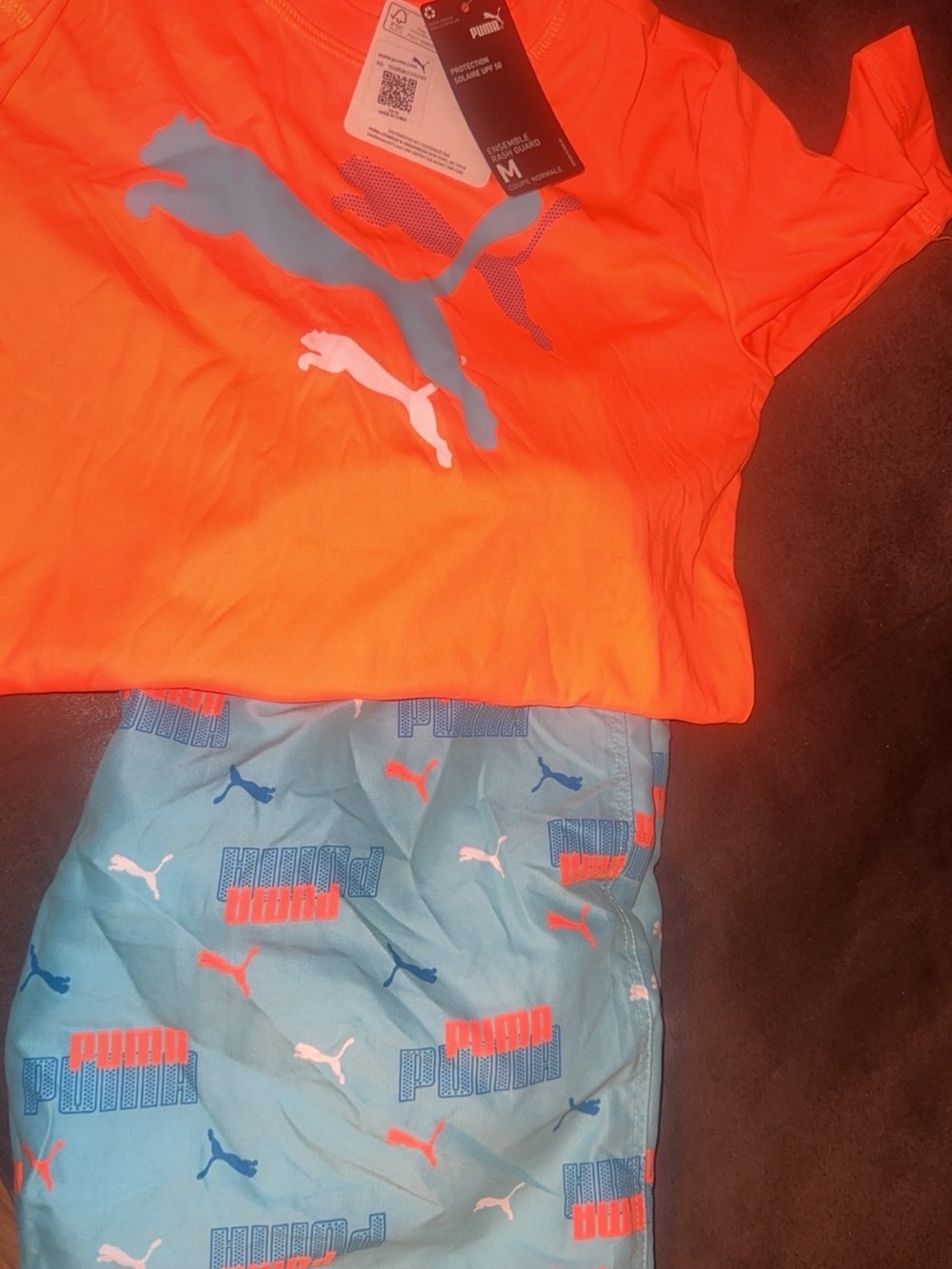 Puma Bright Orange Tee with Aqua Logo-Print Shorts